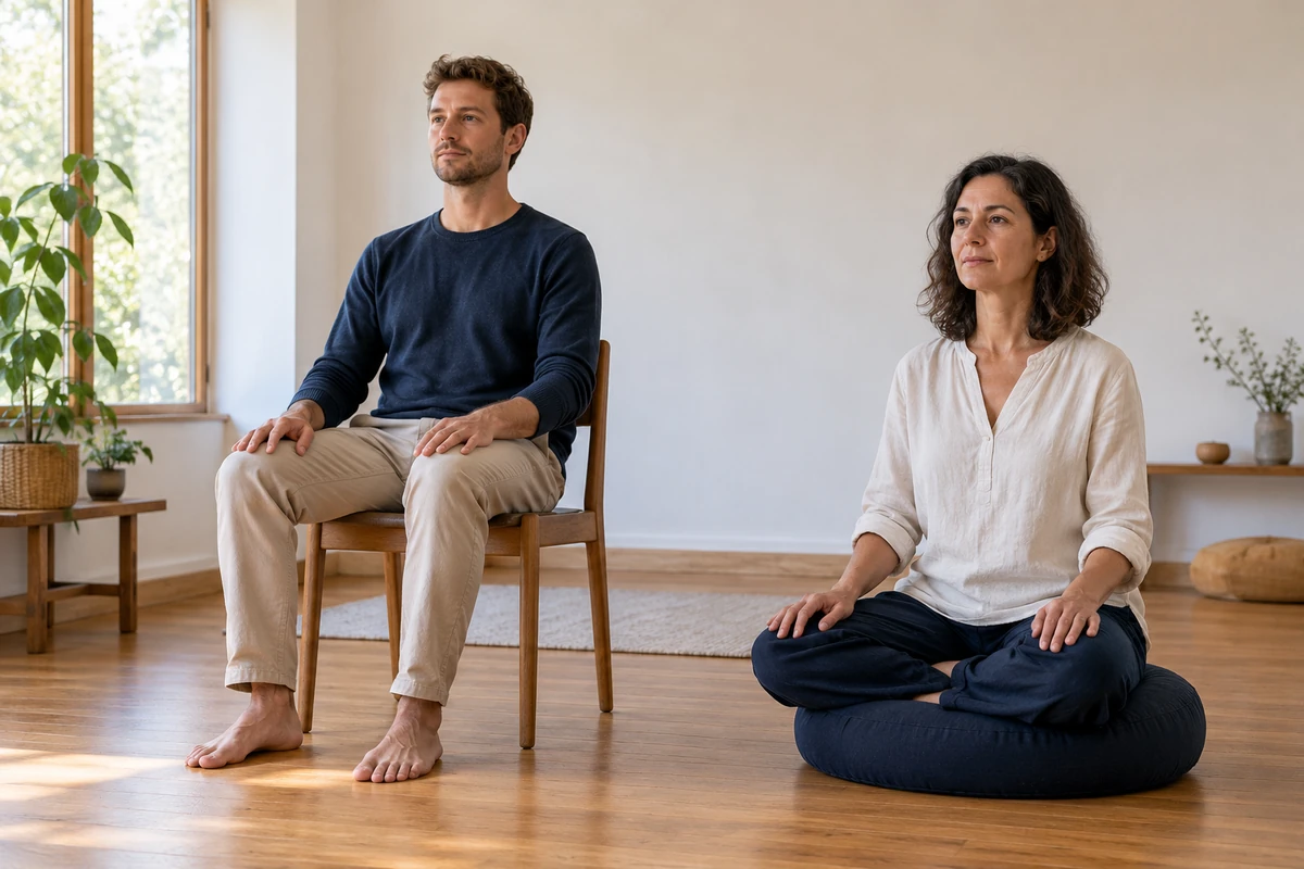 Comment apprendre à s’aimer sans attendre d’être parfait ? - Méditer avec Ressources & Actualisation Deux adultes méditent confortablement, l’un sur une chaise et l’autre sur un zafu.