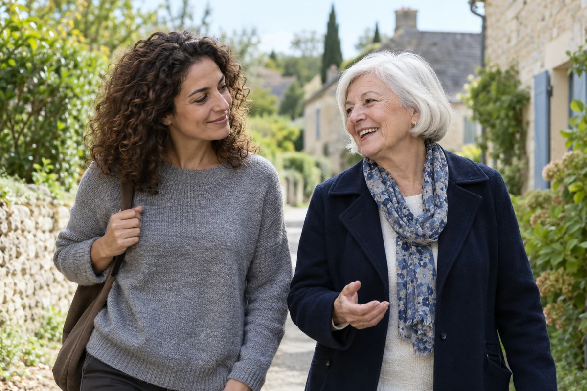 Deux femmes de générations différentes marchent ensemble ; l’une écoute l’autre avec attention.