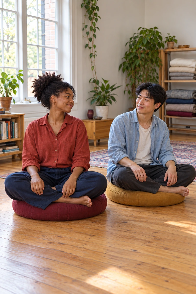 Deux jeunes adultes assis sur des zafus échangent un regard amical dans une salle lumineuse.