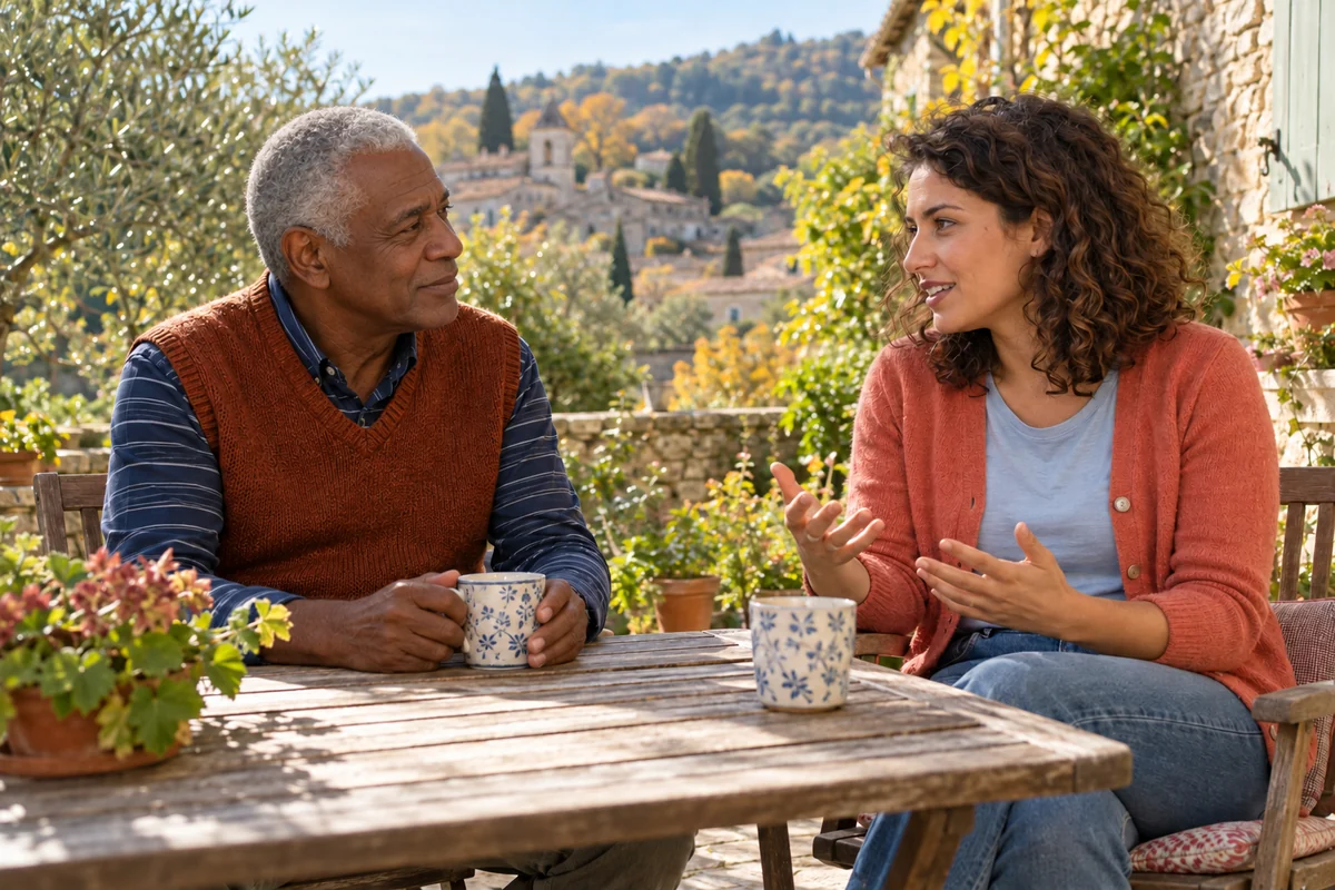 Hypersensibilité : se comprendre sans s’enfermer dans une étiquette - Méditer avec Ressources & Actualisation Deux adultes échangent autour d’une table sur une terrasse de jardin.
