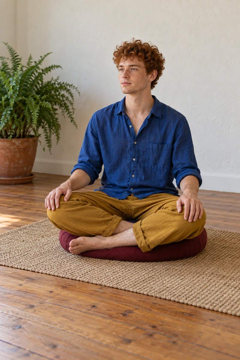 Hypersensibilité émotionnelle : quand tout vous touche - Méditer avec Ressources & Actualisation Un jeune homme est assis sur un zafu, les yeux ouverts, dans une pièce lumineuse.