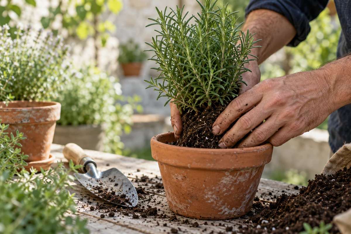 Hypersensibilité émotionnelle : quand tout vous touche - Méditer avec Ressources & Actualisation Des mains rempotent une plante aromatique sur une table de jardin.