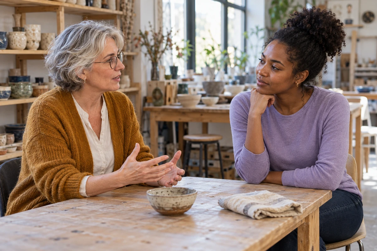 Hypersensibilité émotionnelle : quand tout vous touche - Méditer avec Ressources & Actualisation Deux femmes échangent dans un atelier de création.