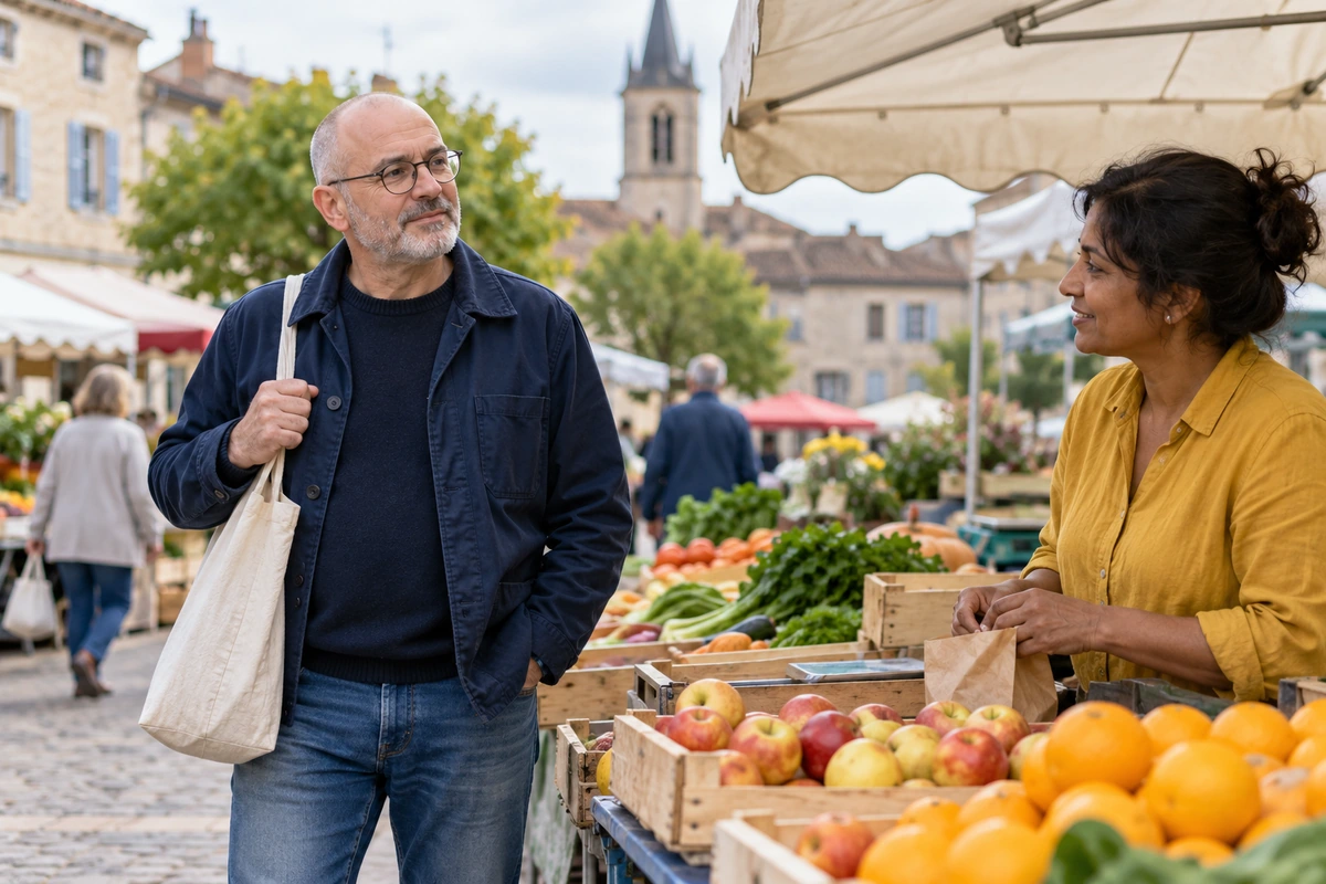 Hypersensibilité : se comprendre sans s’enfermer dans une étiquette - Méditer avec Ressources & Actualisation Un homme échange avec une vendeuse sur un marché de village.