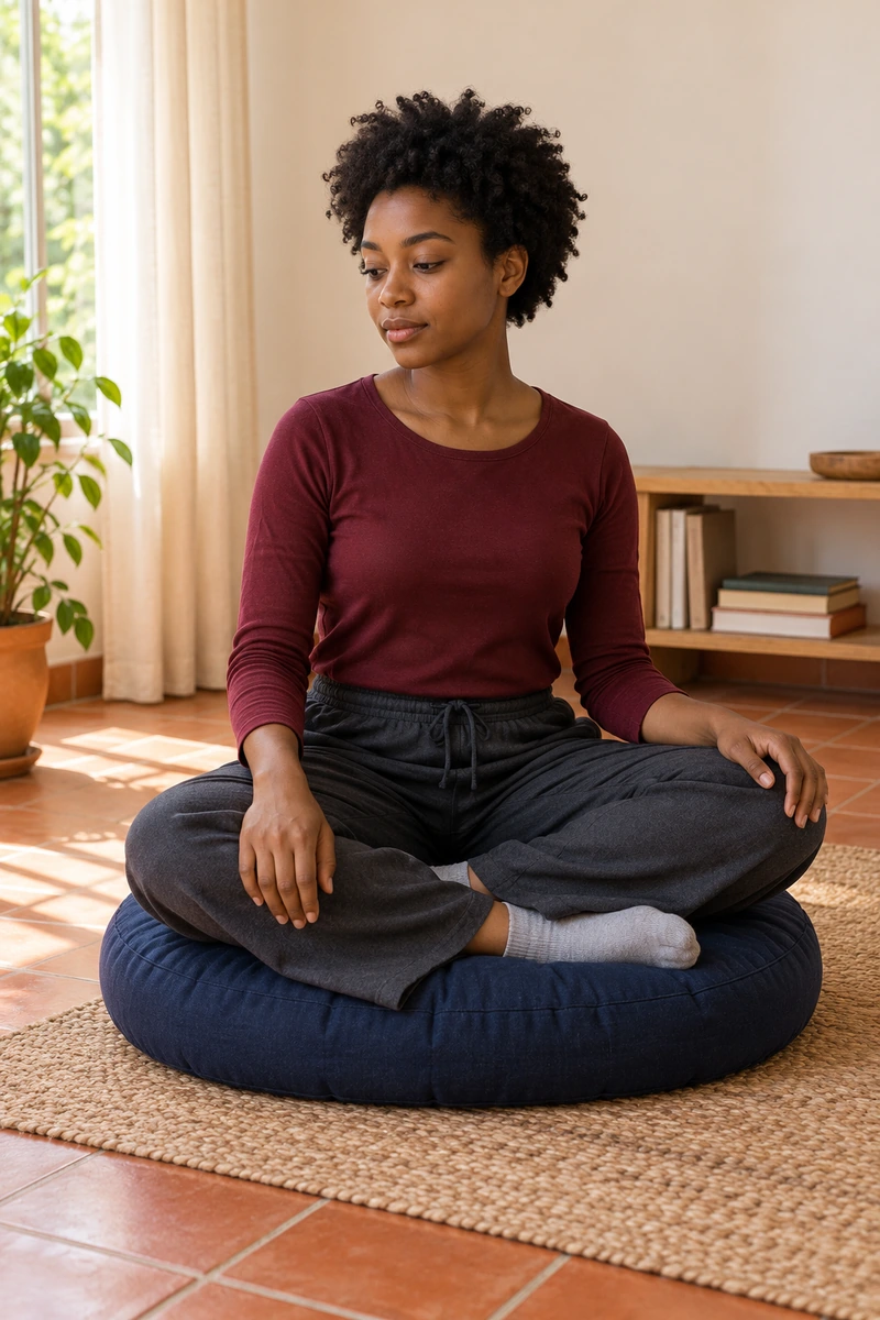 Hypersensibilité : se comprendre sans s’enfermer dans une étiquette - Méditer avec Ressources & Actualisation Une jeune femme est assise sur un zafu bleu, les yeux ouverts, dans une pièce lumineuse.