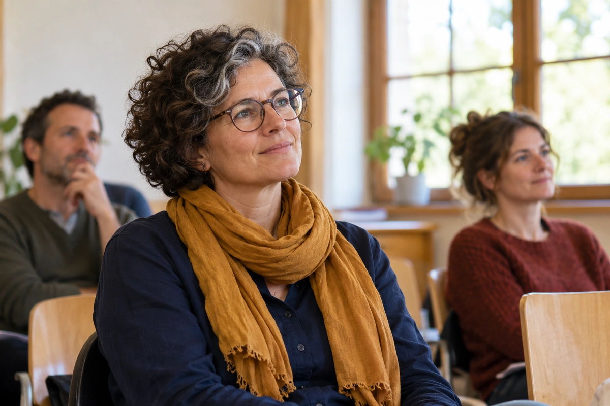 Comment se libérer de la peur et retrouver la liberté d’agir ? - Méditer avec Ressources & Actualisation Des adultes écoutent avec attention un enseignement dans une salle lumineuse.
