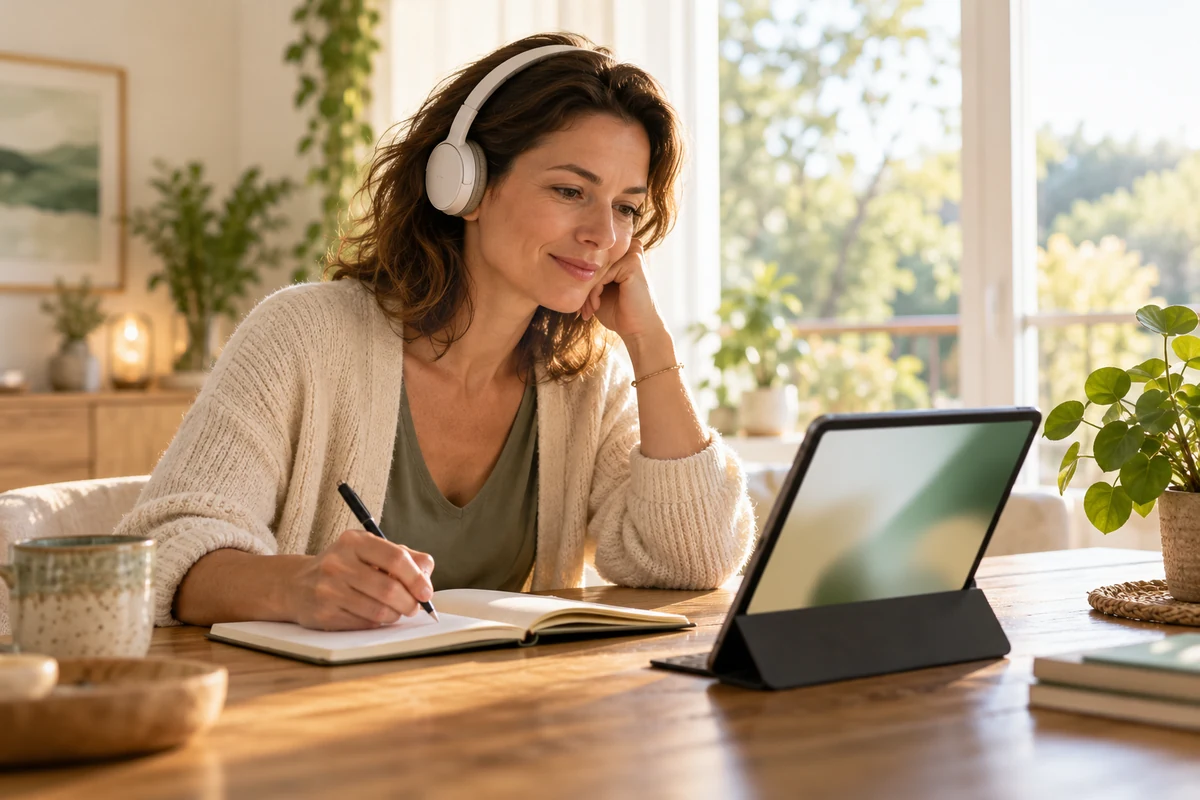 Cours de relaxation avec Bruno Lallement : choisir votre parcours - Méditer avec Ressources & Actualisation Une femme écoute un enseignement avec un casque et prend des notes.