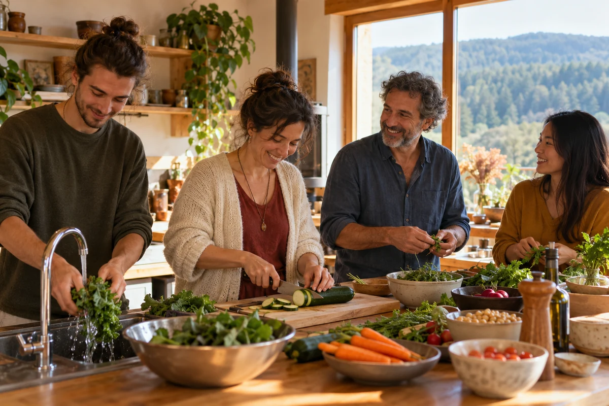 Cours de relaxation avec Bruno Lallement : choisir votre parcours - Méditer avec Ressources & Actualisation Des adultes de plusieurs générations préparent ensemble un repas.