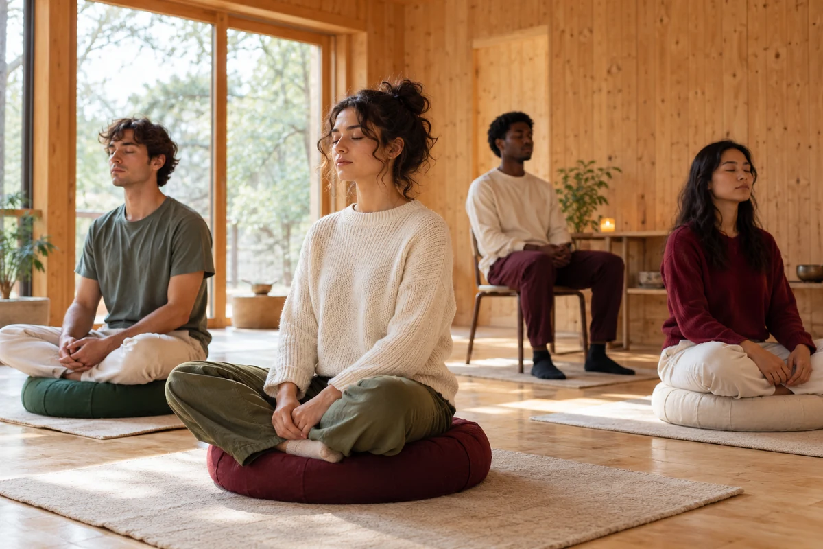 Cours de relaxation avec Bruno Lallement : choisir votre parcours - Méditer avec Ressources & Actualisation De jeunes adultes pratiquent sur des zafus, avec une chaise comme autre possibilité d’assise.