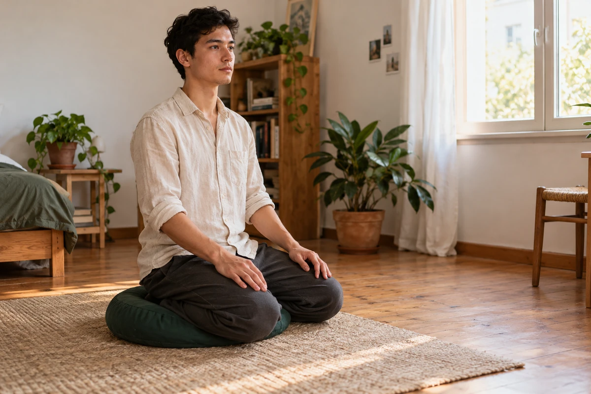Le ressenti : une boussole fiable ou un piège subtil de l’esprit ? - Méditer avec Ressources & Actualisation Un jeune adulte assis sur un zafu porte attention à ses sensations dans une pièce lumineuse.