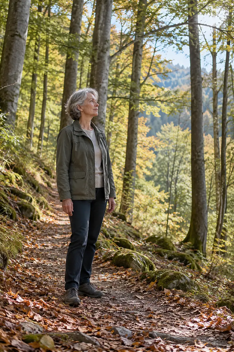 Le ressenti : une boussole fiable ou un piège subtil de l’esprit ? - Méditer avec Ressources & Actualisation Une femme s’arrête sur un chemin forestier pour observer le paysage.