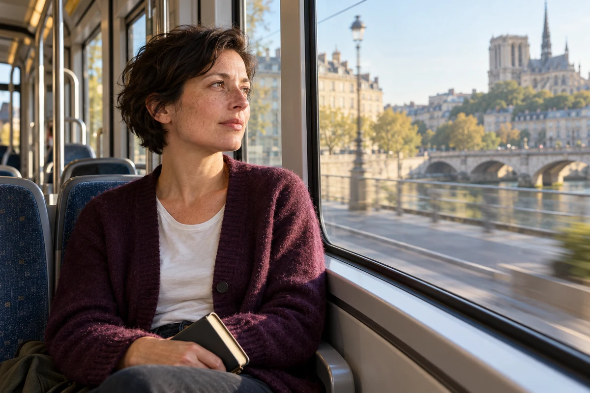 Une femme prend un moment de recul pendant un trajet en tramway.