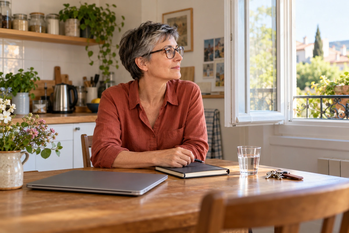 Une femme assise à la table de sa cuisine regarde par la fenêtre, un ordinateur fermé devant elle.