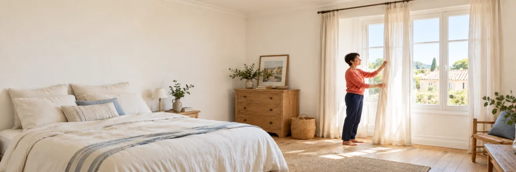 Stress et insomnie : que faire pour retrouver le sommeil ? - Méditer avec Ressources & Actualisation Une femme ouvre les rideaux d’une chambre lumineuse au matin.