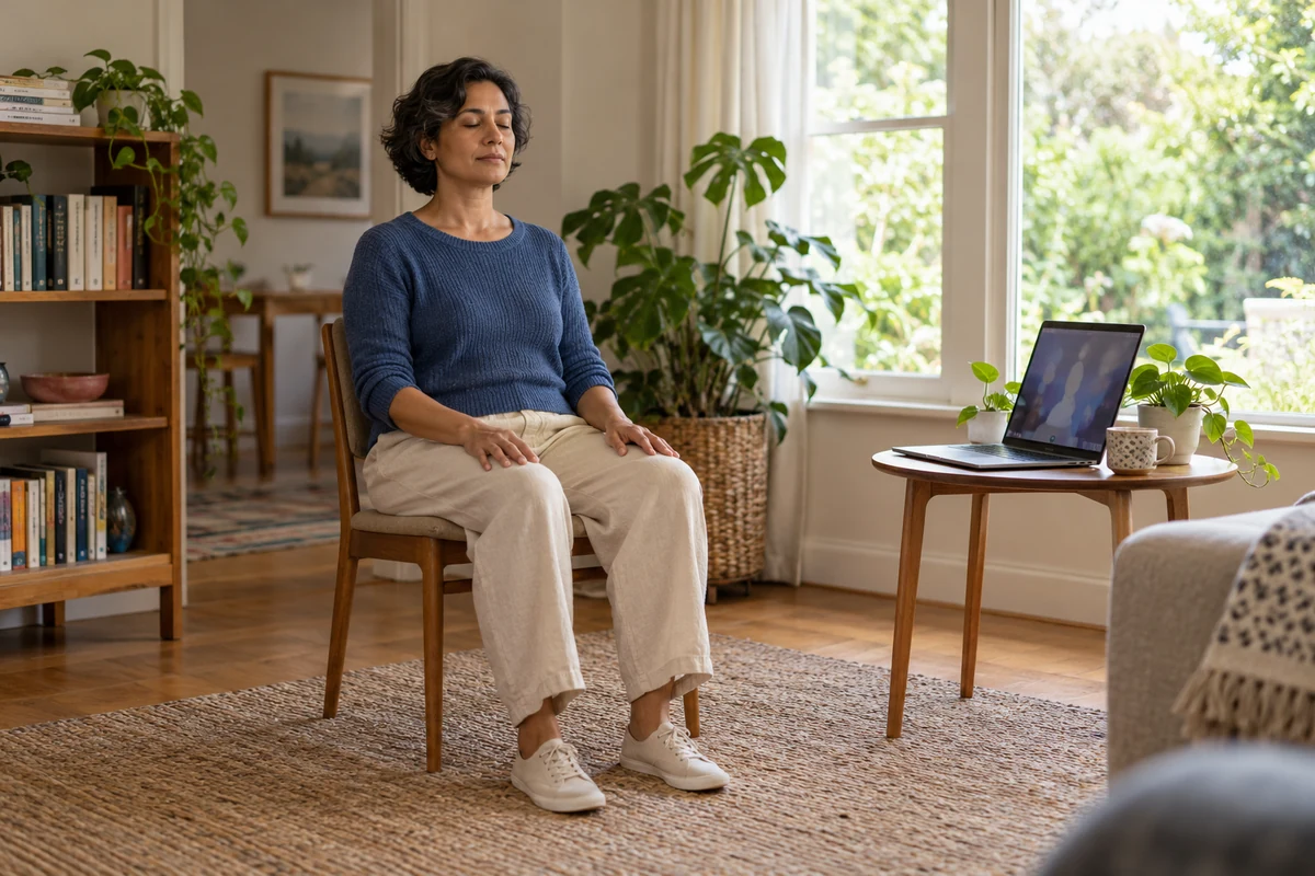 Méditation collective : pourquoi et comment méditer ensemble - Méditer avec Ressources & Actualisation Une femme médite assise sur une chaise, un ordinateur ouvert à côté d’elle