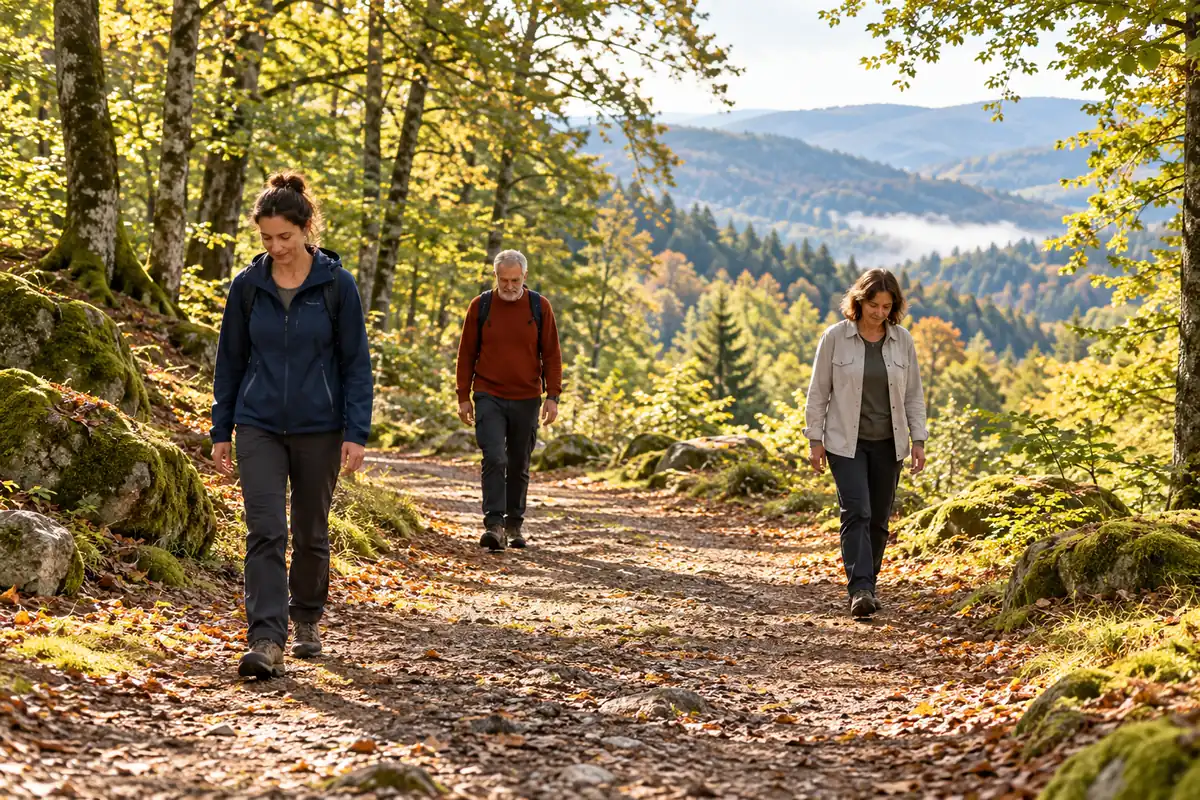 Méditation Vipassana : comprendre la pratique et choisir une retraite - Méditer avec Ressources & Actualisation Trois adultes marchent en silence sur un sentier de forêt, à quelques pas les uns des autres