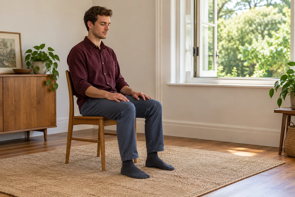 Méditation Vipassana : comprendre la pratique et choisir une retraite - Méditer avec Ressources & Actualisation Un jeune homme médite sur une chaise, les pieds au sol et les mains sur les cuisses