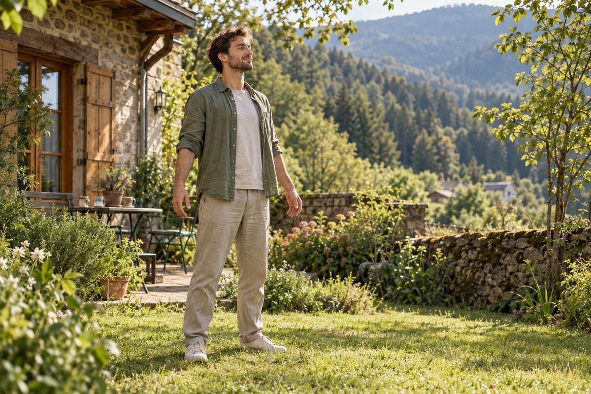 Un homme debout dans un jardin, les bras relâchés, illustration