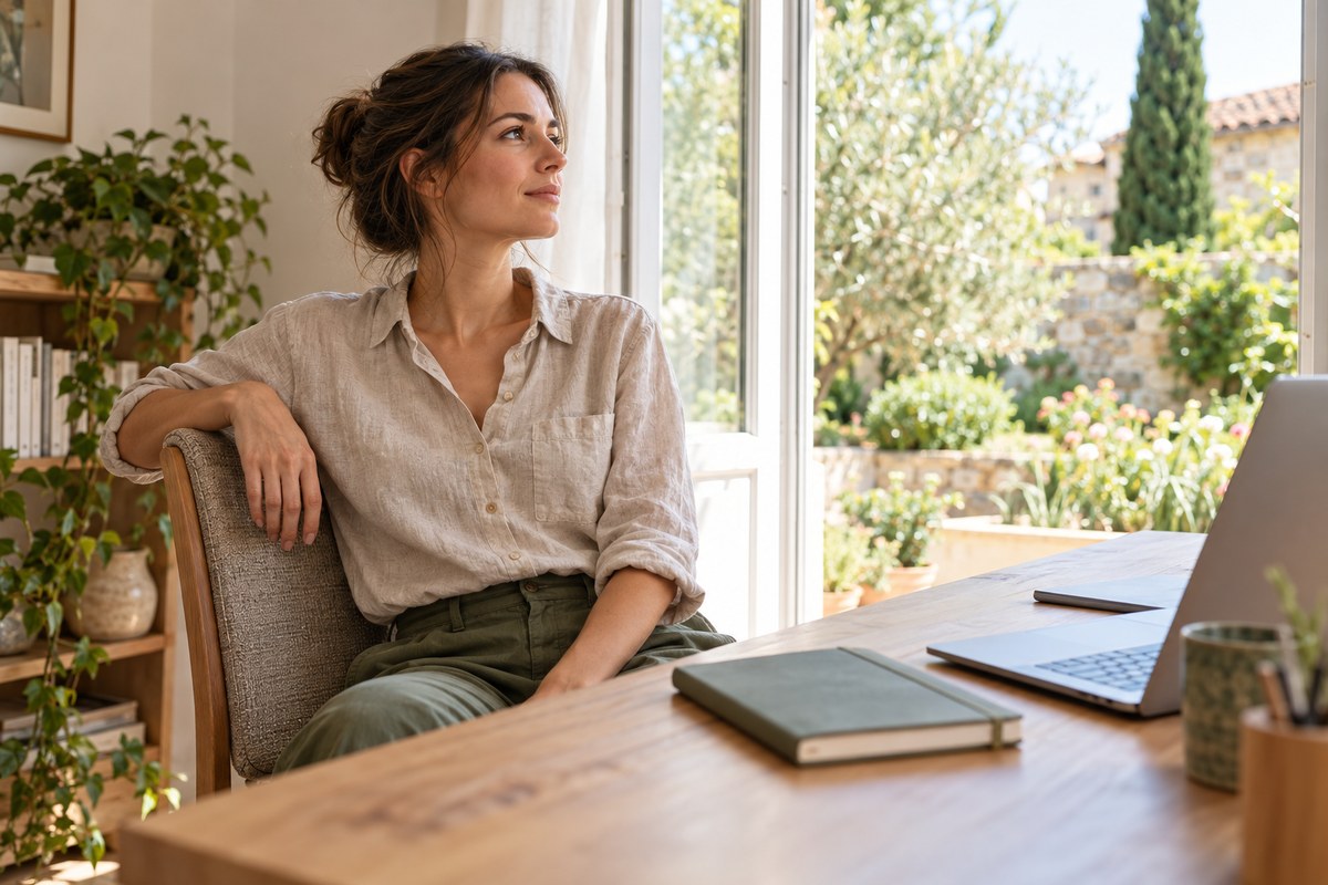 Une femme fait une pause près de la fenêtre, son ordinateur posé à côté, illustration