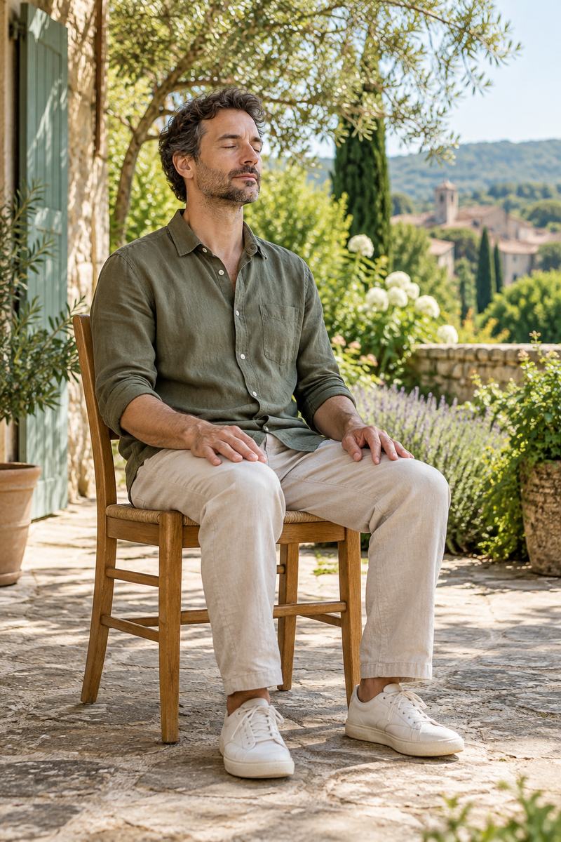 La sophrologie en ligne, bonne ou mauvaise idée ? - Méditer avec Ressources & Actualisation Un homme assis confortablement sur une chaise dans un jardin, illustration