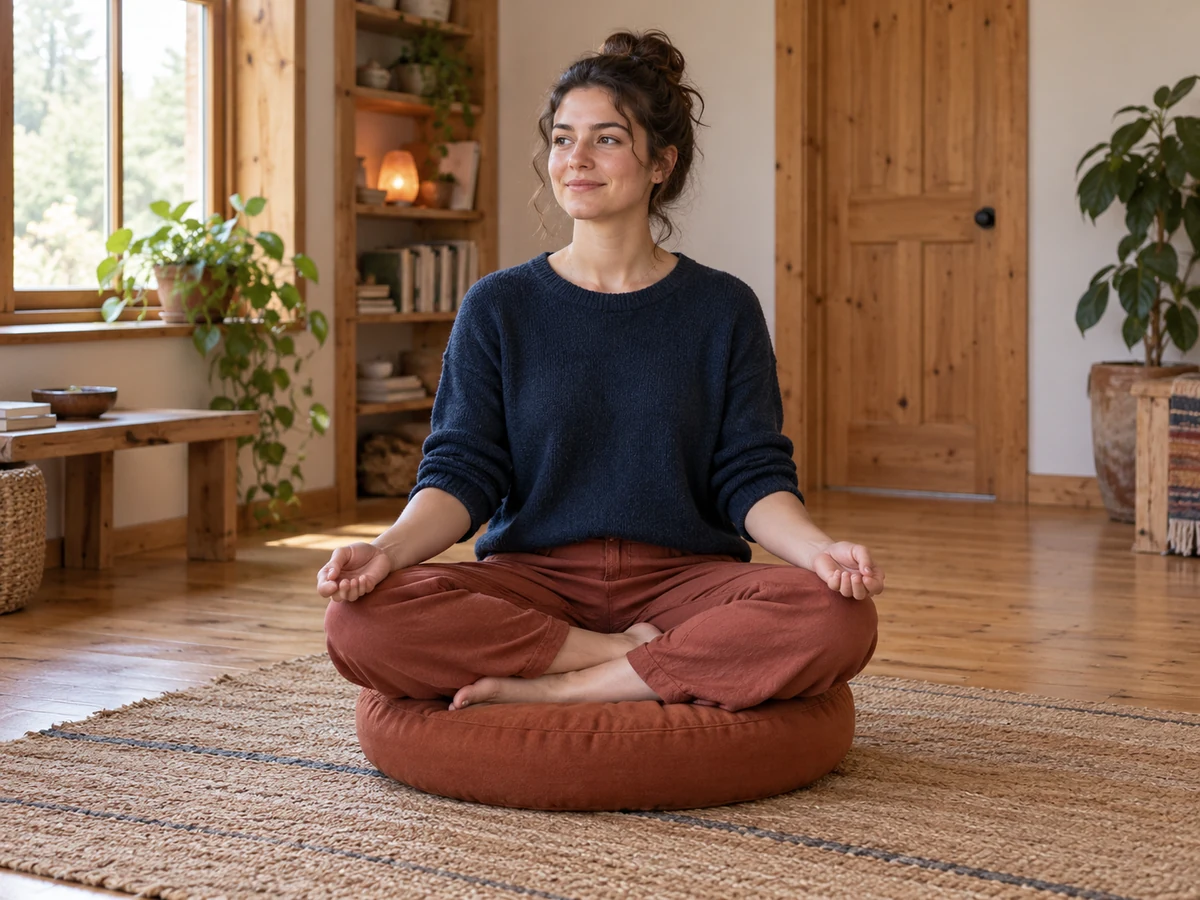 Une jeune adulte assise confortablement sur un zafu dans une pièce lumineuse, photo d’illustration