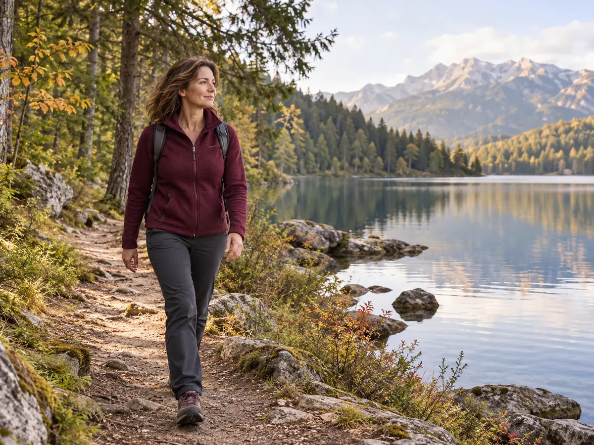 Une femme en veste bordeaux marche au bord d’un lac entouré de forêt, photo d’illustration
