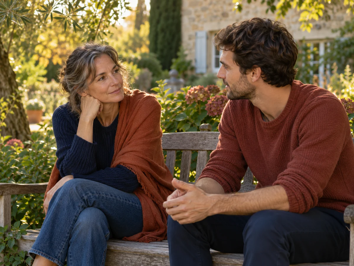Une femme et un jeune homme échangent avec attention sur un banc dans un jardin, photo d’illustration