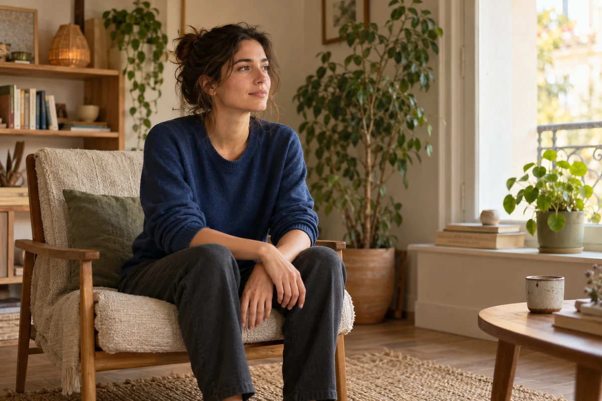 Une jeune adulte assise les yeux ouverts dans une pièce lumineuse, illustration d’un moment de recul face à l’inquiétude